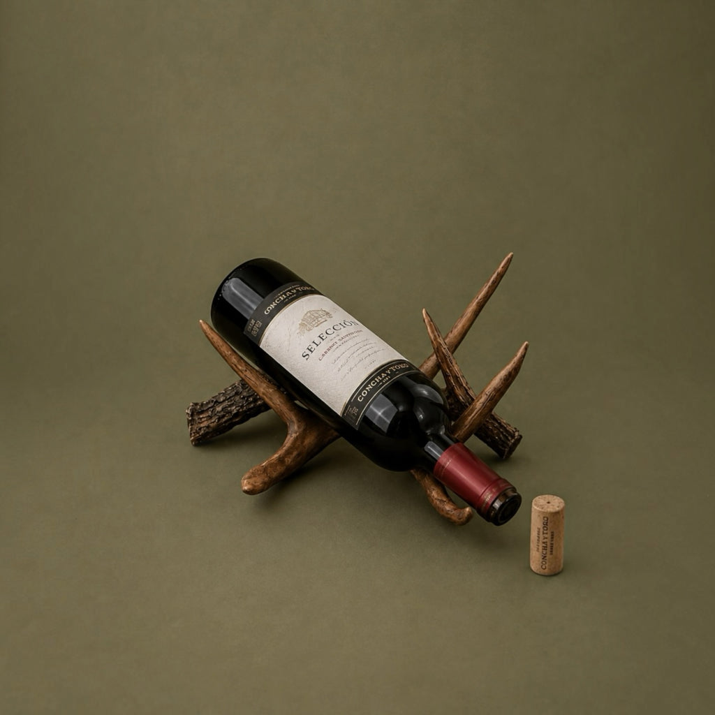 PORTA BOTELLAS DE CUERNO DE VENADO / RESINA / UNA BOTELLA.